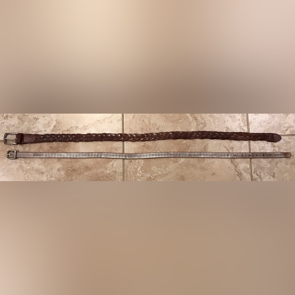 American Eagle Leather Belts: Brown Braided Belt (30) & Silver Skinny Belt (S) - Picture 3 of 13